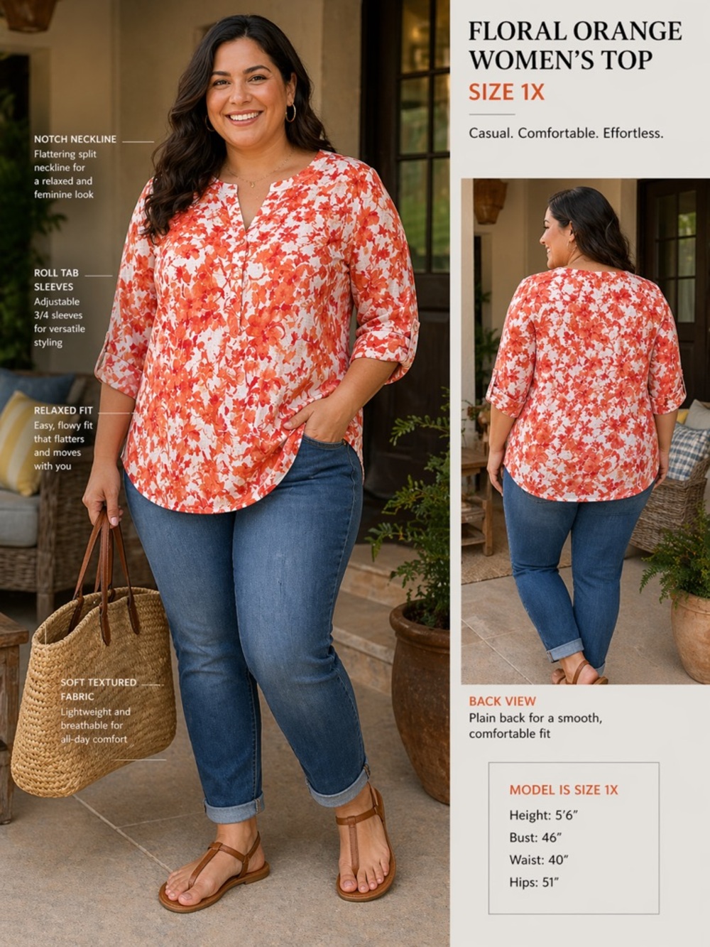 Floral Orange Women's Top Plus 1X